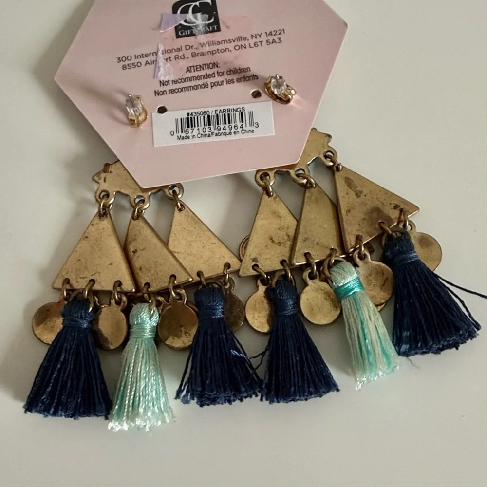 Astral by Charlie Paige Gypsy Blues Boho Tassel Earrings Gold Blue Turquoise